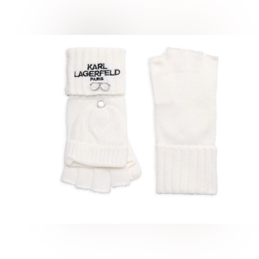 KARL LAGERFELD PARIS Logo Flip Top Mittens ivory color nwt